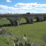 Puente viejo de Coria sobre prado verde (Cáceres)