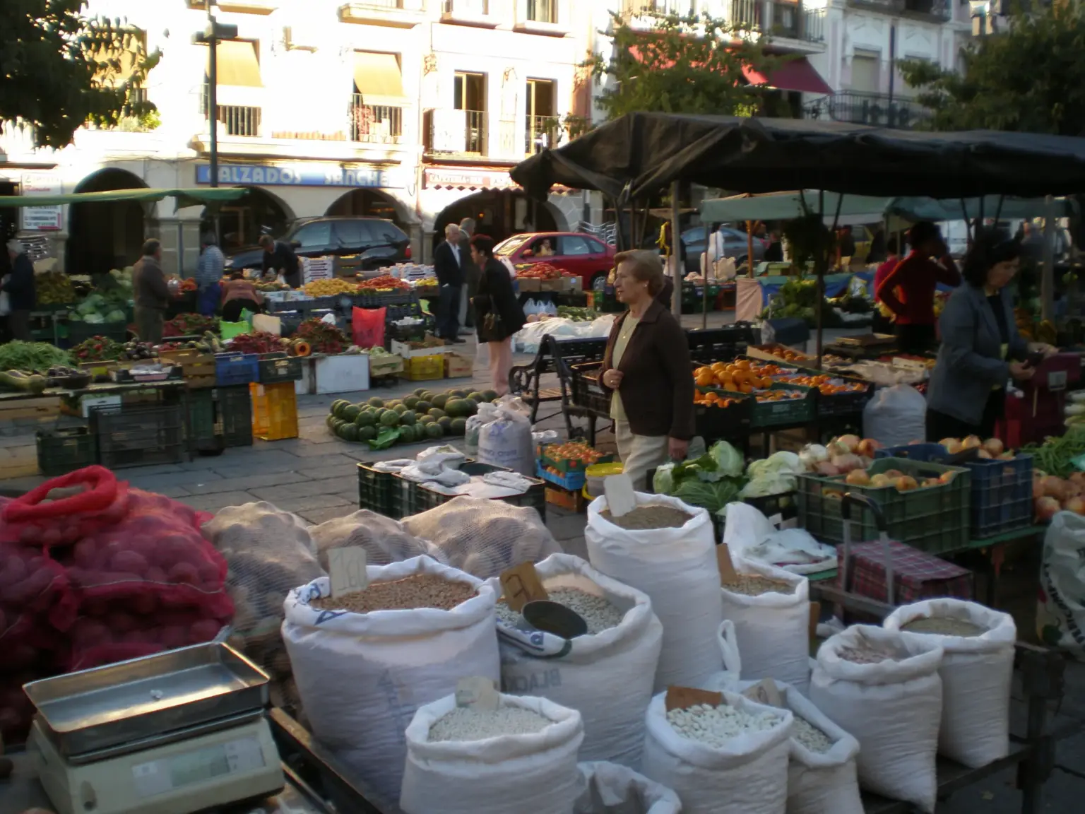 Puestos de verduras y legumbres del tradicional mercado de los martes en Plasencia (Cáceres)